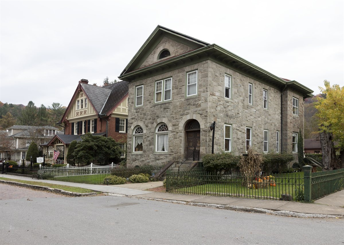 Historic homes on a tree-lined residential street in Bramwell, Mercer County, West Virginia